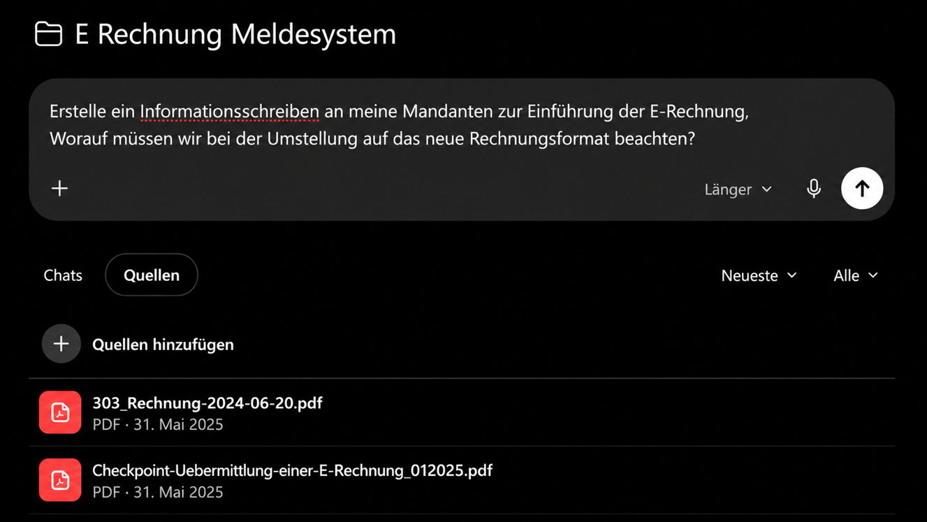 Projekt in ChatGPT mit hochgeladenen Quellen zum Thema E-Rechnung
