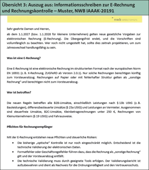 Auszug aus Informationsschreiben zur E-Rechnung und Rechnungskontrolle