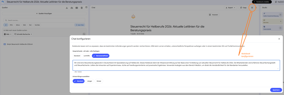 Gemini Notebook mit Option "Chat konfigurieren"