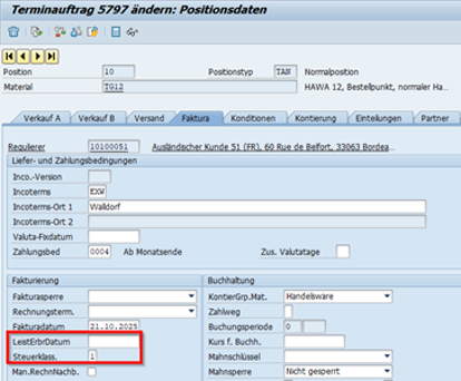 Screenshot "Terminauftrag ändern: Positionsdaten"