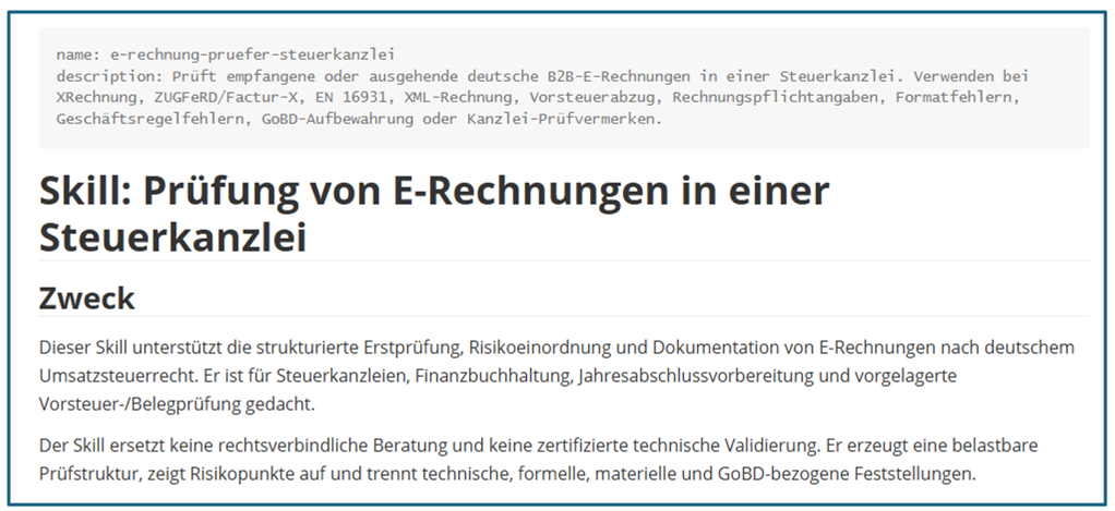 Skill auf chatgpt.com zur Prüfung von E-Rechnungen in einer Steuerkanzlei