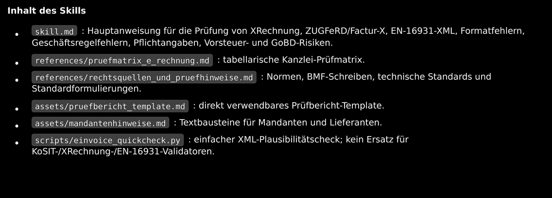 Auszug aus einem Skill für ChatGPT zur Prüfung von E-Rechnungen